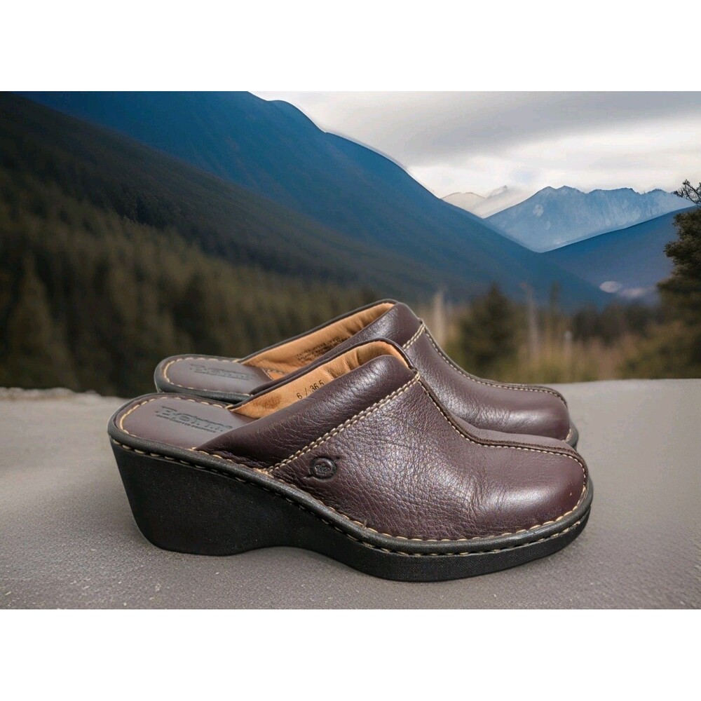 Born Womens Chunky Wedge Brown Pebbled Leather Classic Clogs Women's SZ 6/36.5